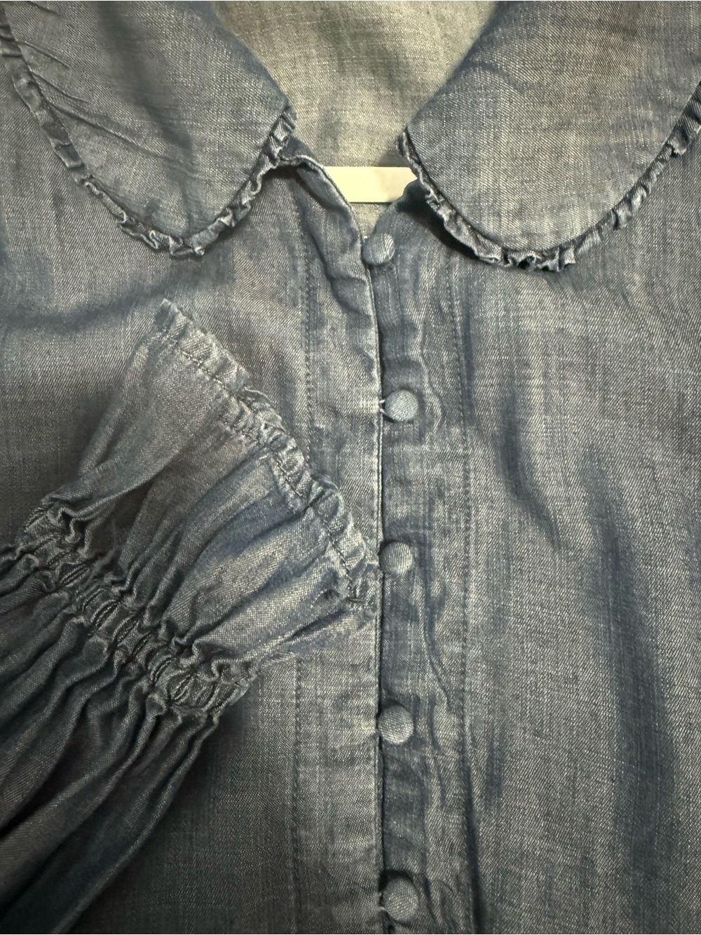Blue Denim-Look Ruffle Button-Up Blouse - Picture 3 of 5